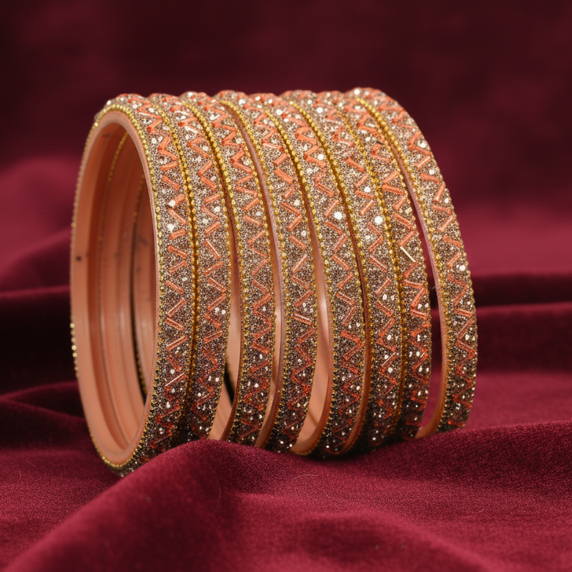 Peach Nalki & Nehar Pattern Glass Gemstone Bangle Set - Pack of 8