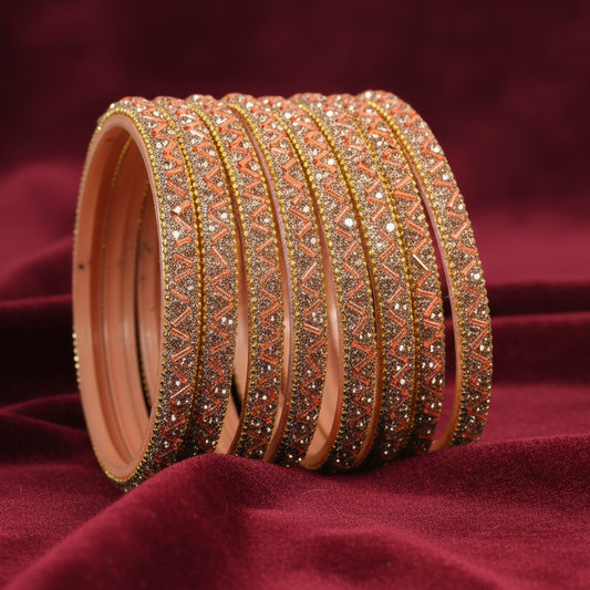 Peach Nalki & Nehar Pattern Glass Gemstone Bangle Set - Pack of 8