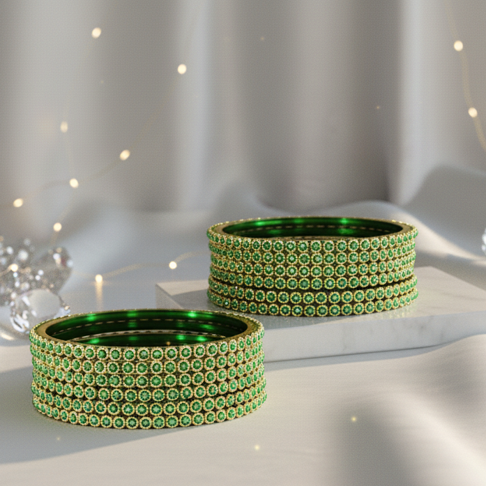 Traditional Glass Bangles Set with Green Moti Work - Pack of 12