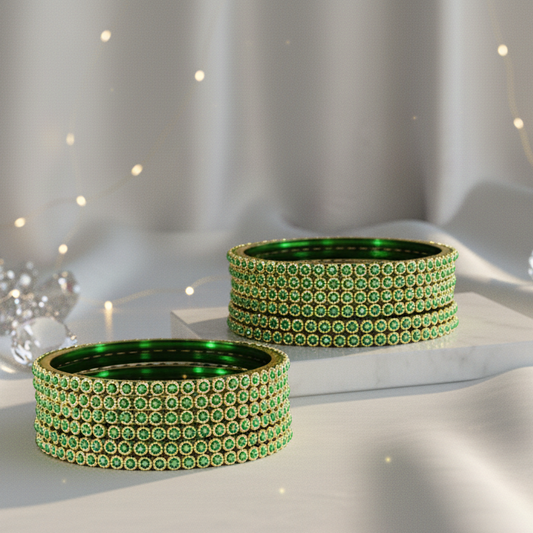 Traditional Glass Bangles Set with Green Moti Work - Pack of 12