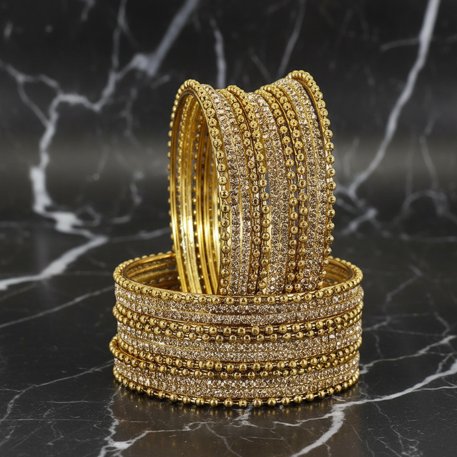 Stylish Golden Metal Bangles with Diamond-Cut Zircon –Pack of 24