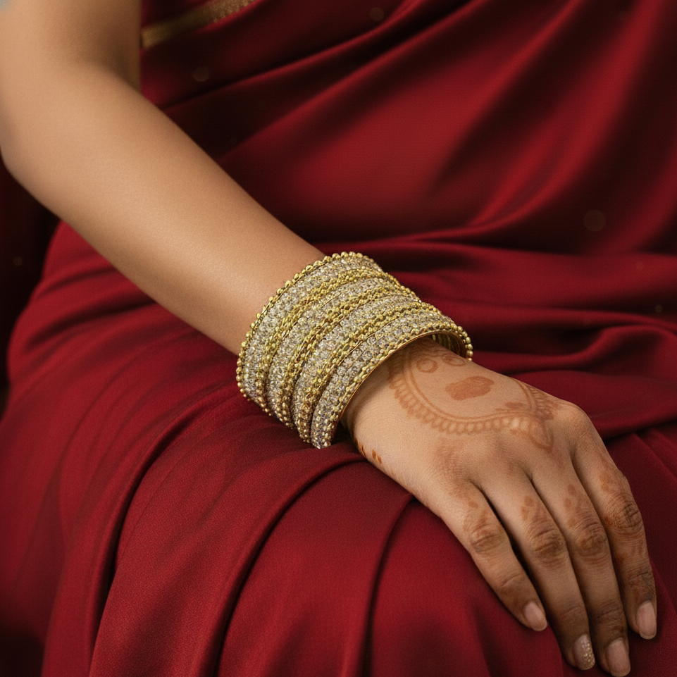 Stylish Golden Metal Bangles with Diamond-Cut Zircon –Pack of 24