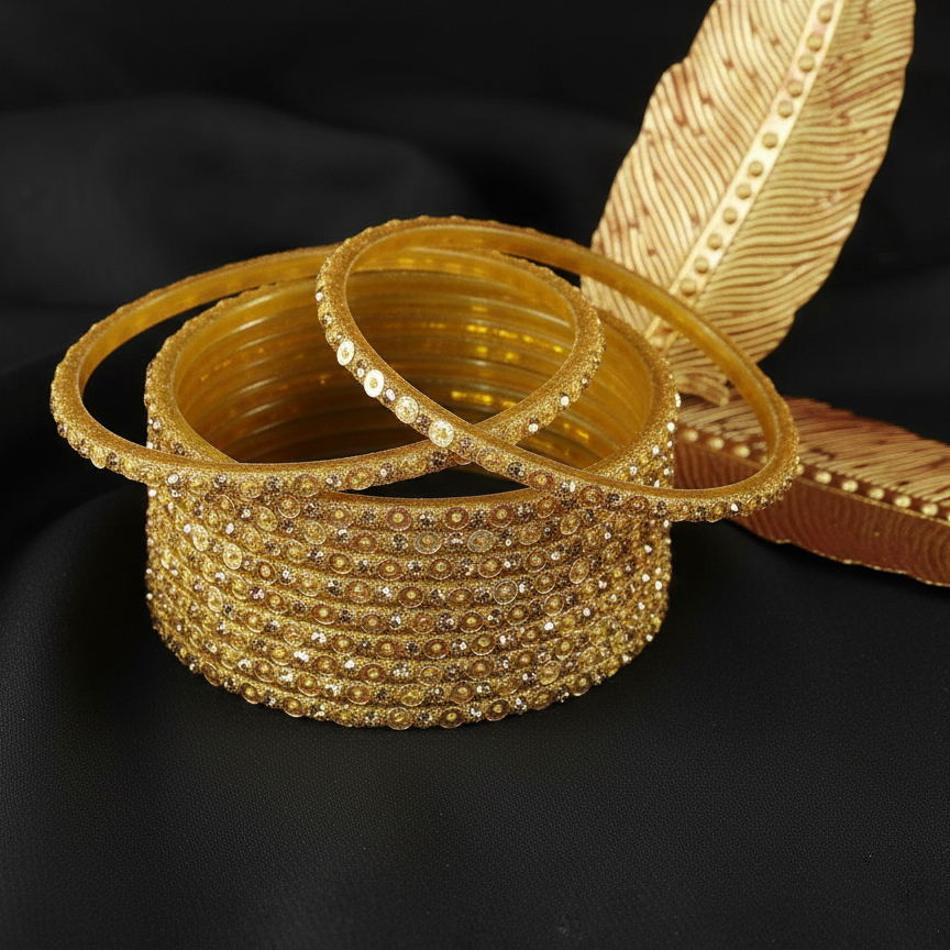 Bridal Bling: Golden Glass Bangles with Star Dust Finish, 12 Pcs