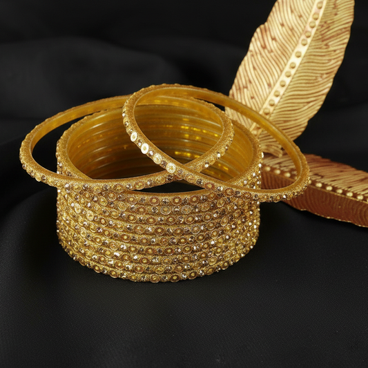 Bridal Bling: Golden Glass Bangles with Star Dust Finish, 12 Pcs