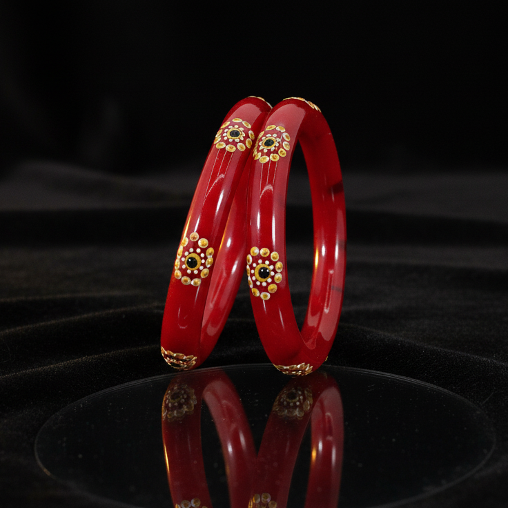 Belgium Kada Glass Bangles | Red Color with Floral Design | Traditional Pack of 2