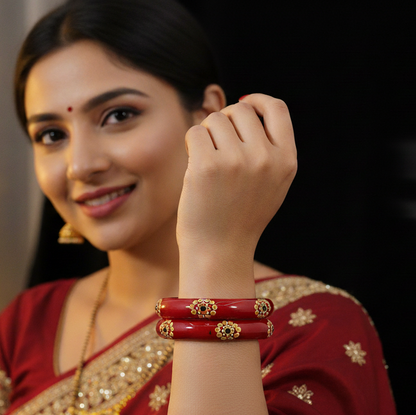 Belgium Kada Glass Bangles | Red Color with Floral Design | Traditional Pack of 2