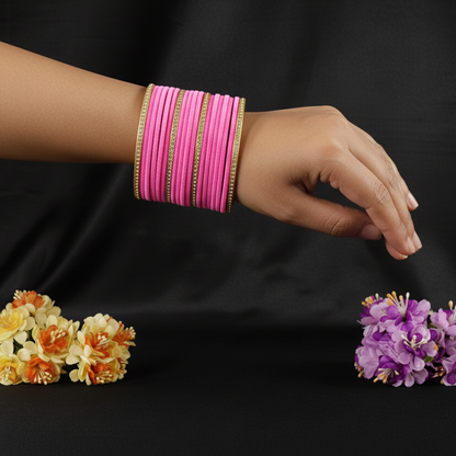Pink Velvet & Glass Bangles Set with Stone Work – Pack of 32