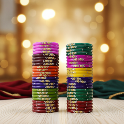 Glass Bangles Set – Pack of 48 | 12 Multicolor Designs with Golden & Stone Work
