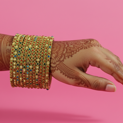 Royal Multicolor Glass Bangles with Golden Accents | Pack of 12