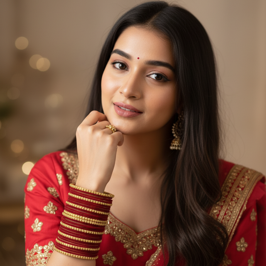 Royal Glow – Maroon Velvet & Glass Bangles Set (34 Pieces)