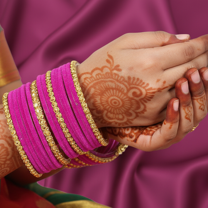 Premium Glass & Golden Beads Velvet Bangles Set – Pack of 34 (Magenta Color)