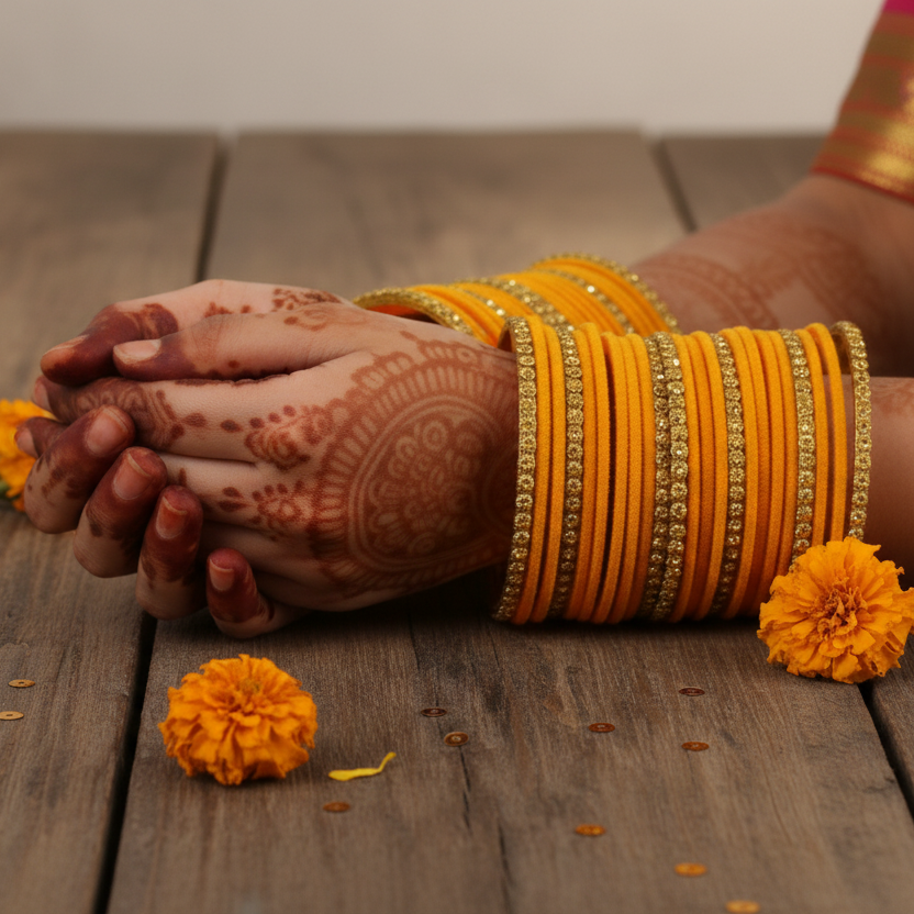 Premium Glass & Golden Beads Velvet Bangles Set – Pack of 34 (Orange Color)