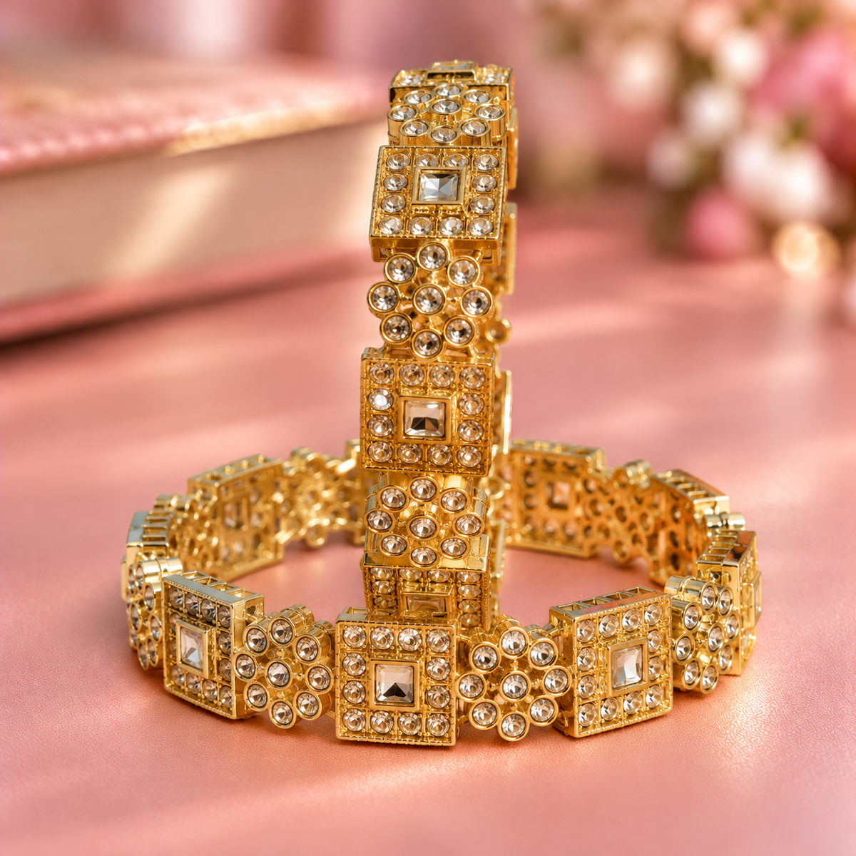 Gold Plated & Crystal Work Traditional Designer Bangle Set - Set Of 2