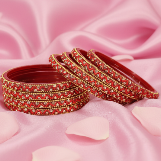 Red Nalki Lehar Bangles with Beads & Gemstones – Pack of 8