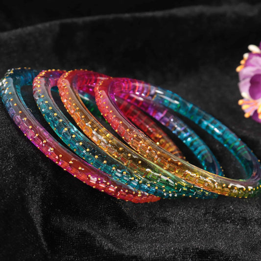 Rainbow Bright Clear Glass Bangles with Golden Dots (Set of 4)