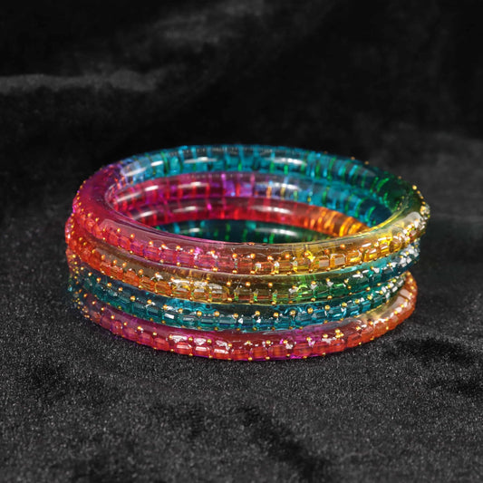 Rainbow Bright Clear Glass Bangles with Golden Dots (Set of 4)