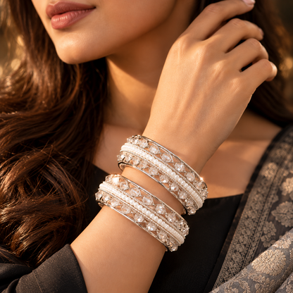Designer Silver Plated Alloy Bangles Set With Stones Pearl - Set Of 2