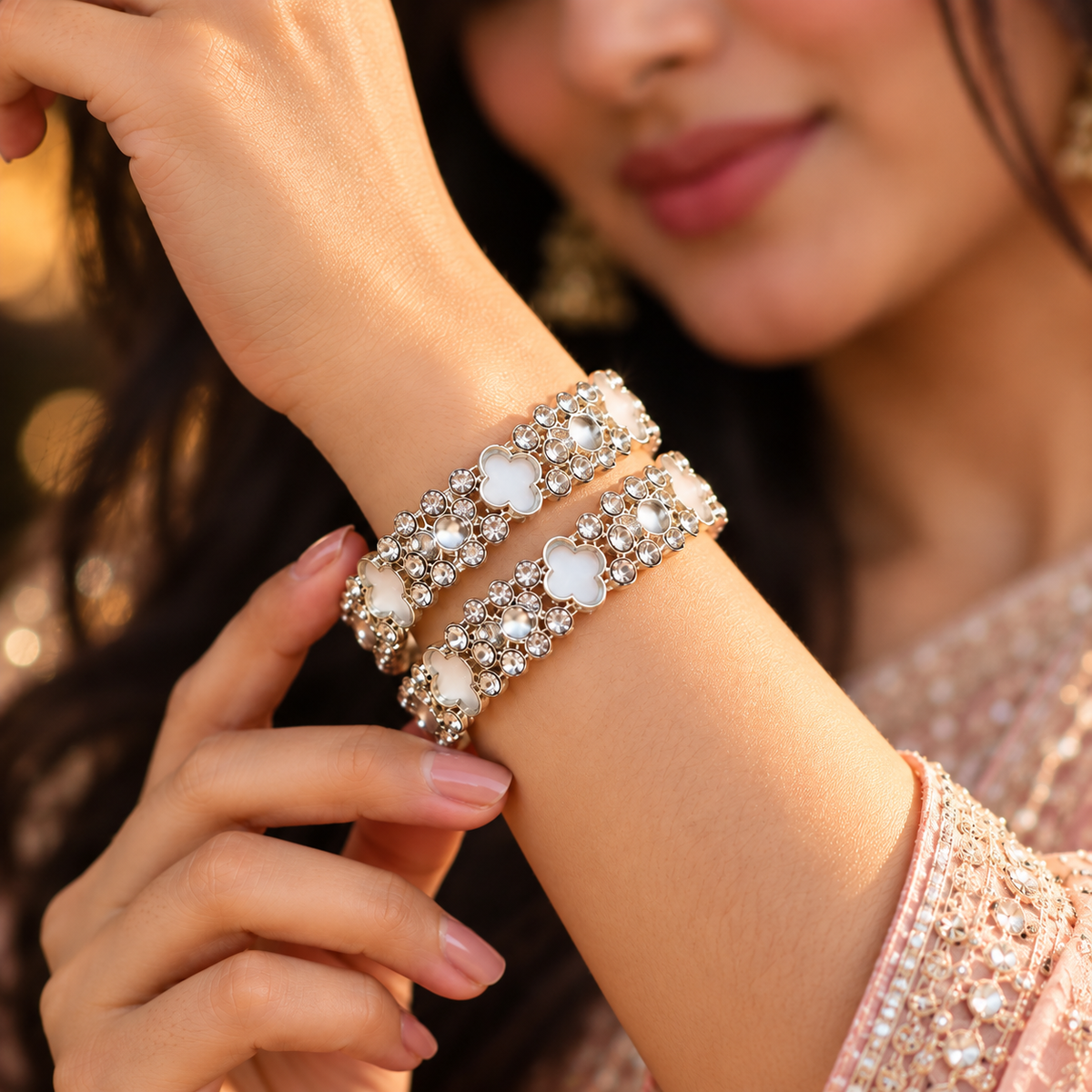 Elegant Silver Floral Bangles with Sparkling Crystal & Pearl Detailing - Set Of 4