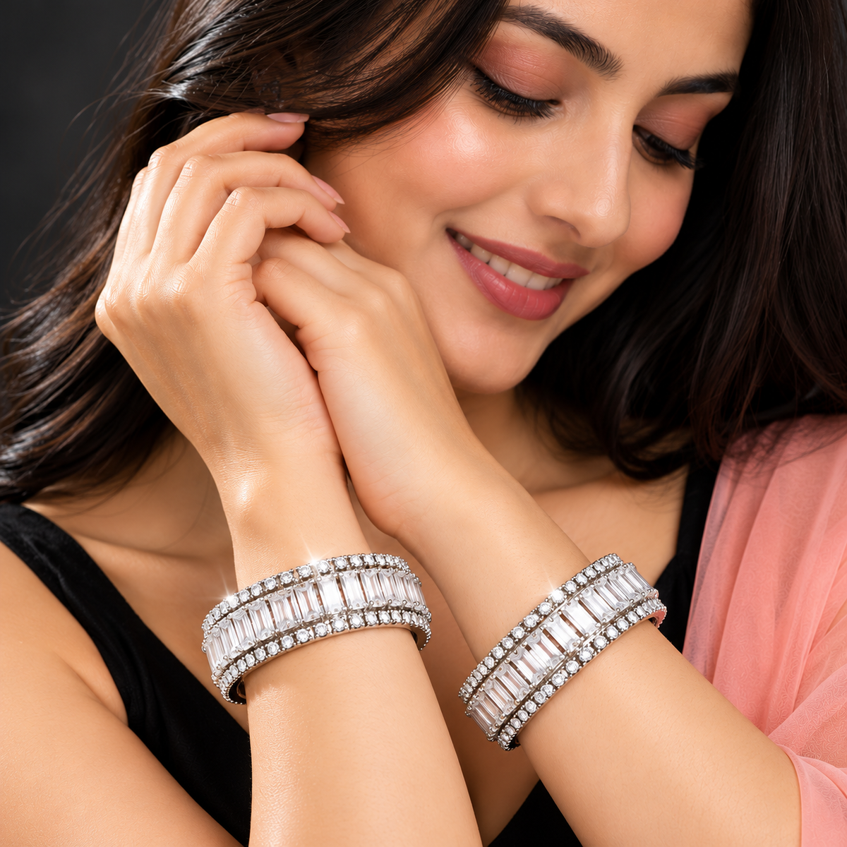 Premium Silver Plated Crystal Stone Bangles With Elegant Kundan Zircon - Set Of 2