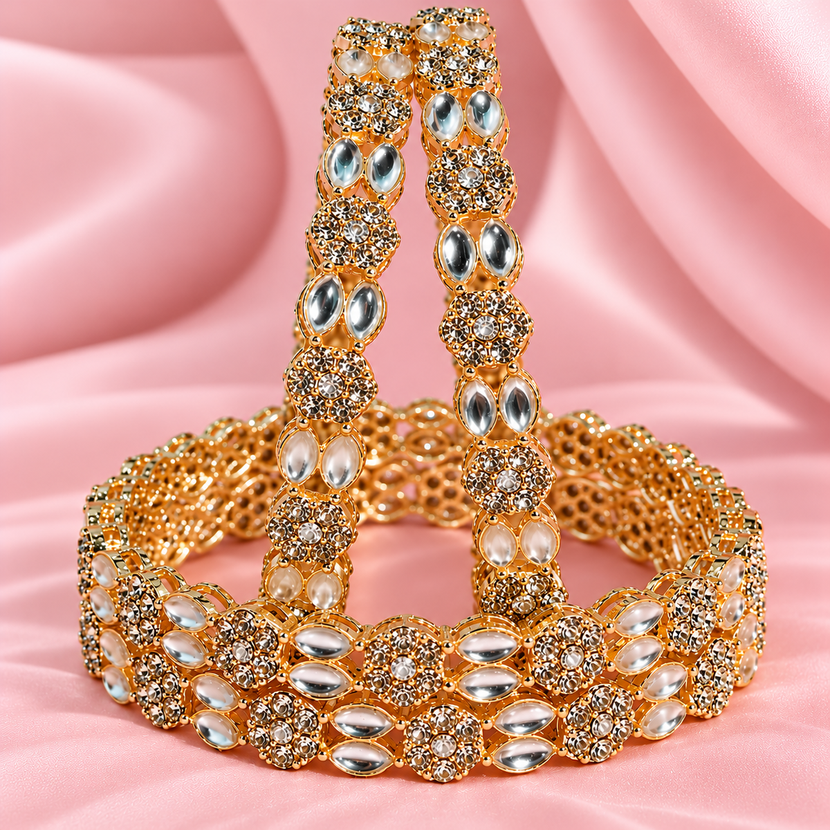 Gold Plated & Crystal Stone Studded Designer Bangles Set - Set Of 4