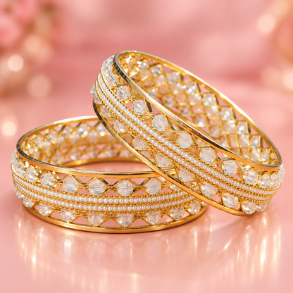 Designer Gold Plated Alloy Bangles Set With Stones Pearl - Set Of 2