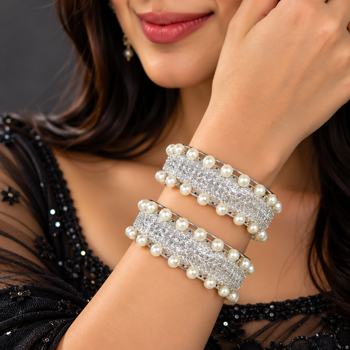 Pearl-Embellished White Designer Bangles Set With Stylish Pearls - Set Of 2