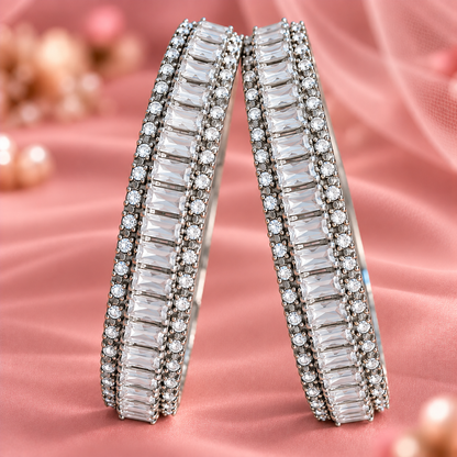 Premium Silver Plated Crystal Stone Bangles With Elegant Kundan Zircon - Set Of 2