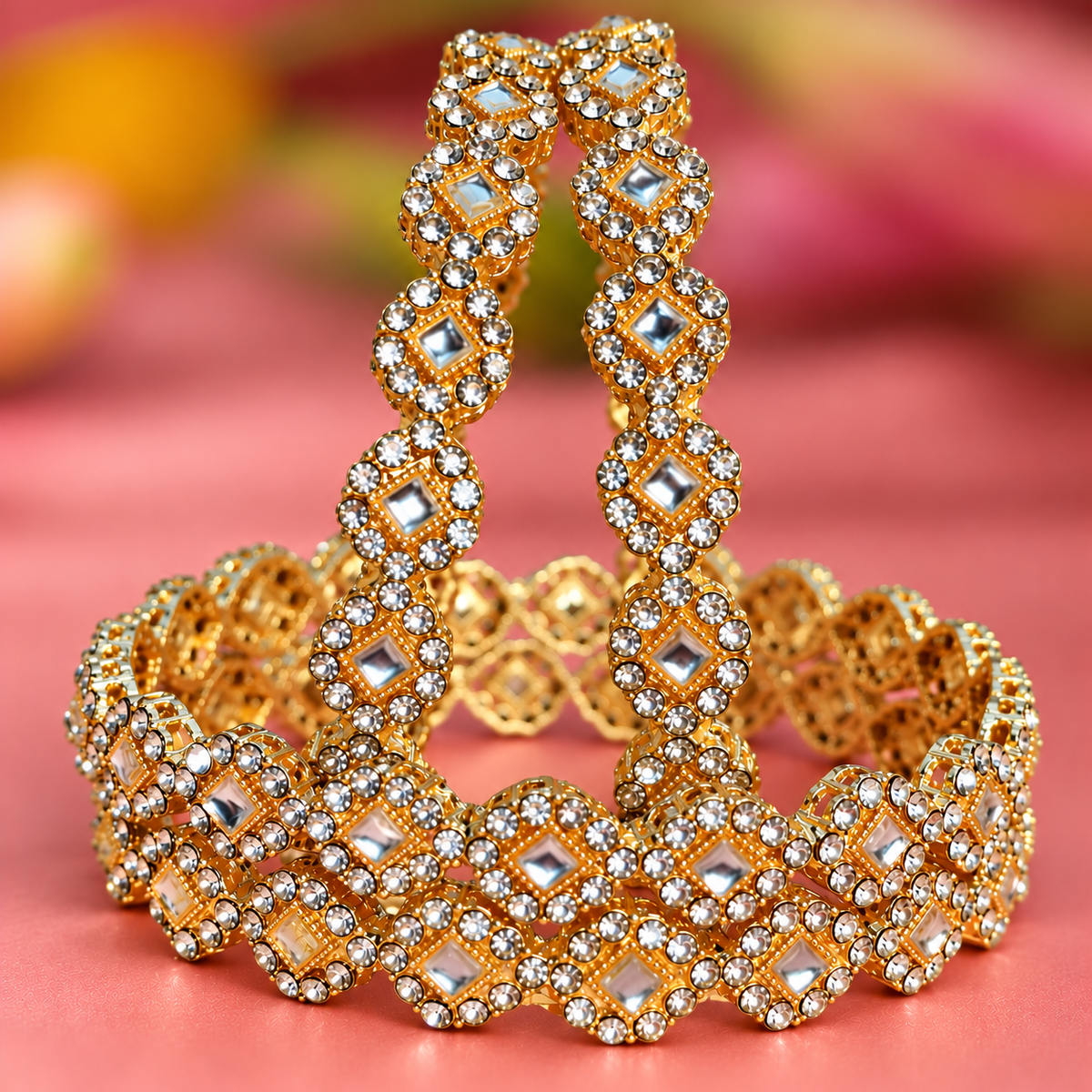 Royal Gold Designer Bangle Set With Stylish Pattern & Crystal Stones - Set Of 4