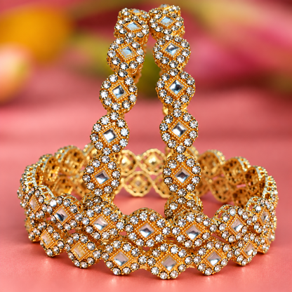 Royal Gold Designer Bangle Set With Stylish Pattern & Crystal Stones - Set Of 4