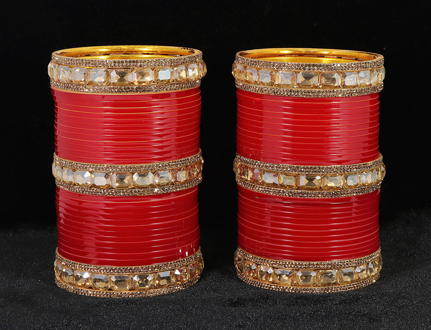 Red Acrylic Bridal Chuda – With Golden Diamond-Cut Stone Kada