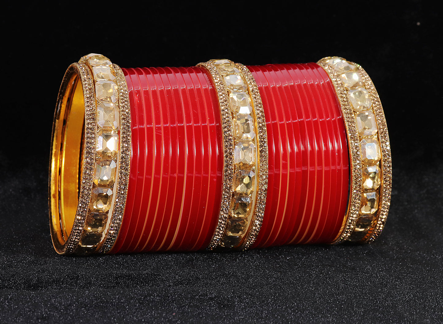 Red Acrylic Bridal Chuda – With Golden Diamond-Cut Stone Kada