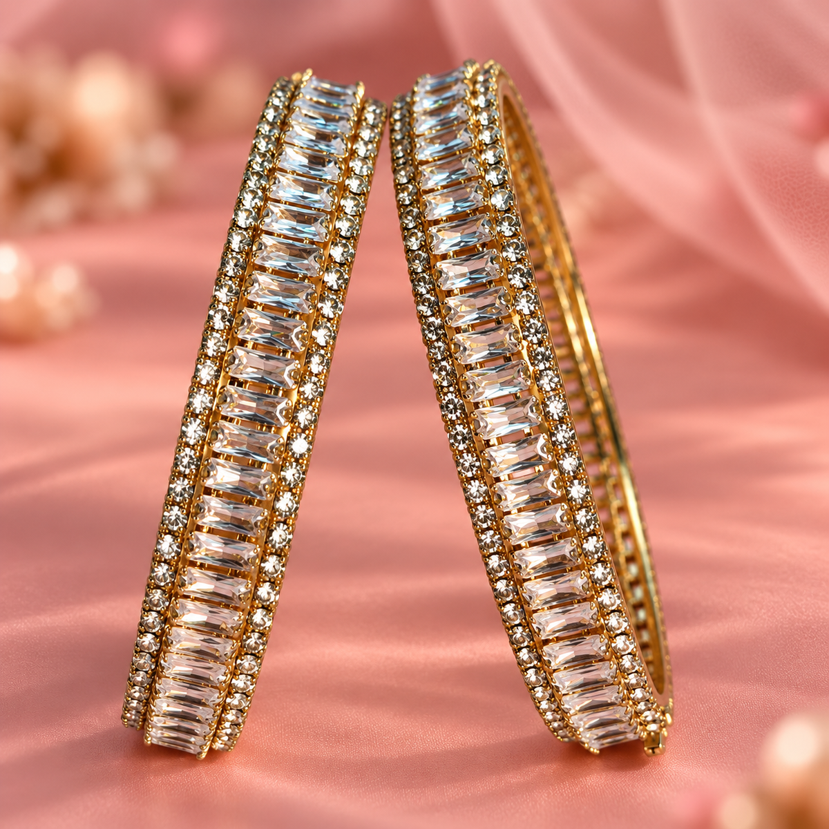 Premium Gold Plated Crystal Stone Bangles With Elegant Kundan Zircon - Set Of 2