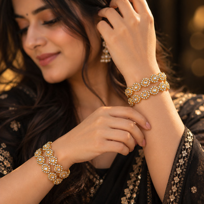 Royal Gold Designer Bangle Set With Stylish Pattern & Crystal Stones - Set Of 4