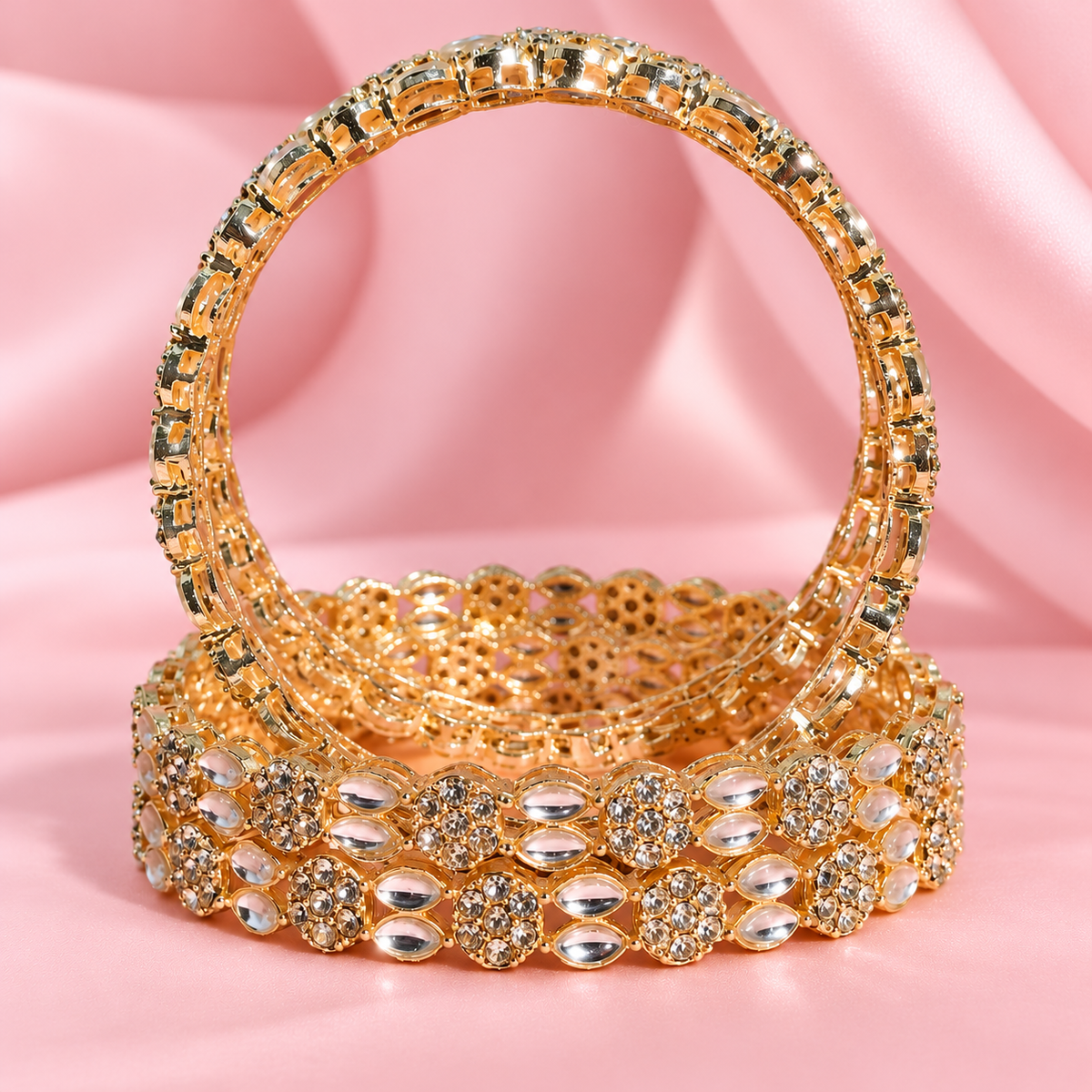 Gold Plated & Crystal Stone Studded Designer Bangles Set - Set Of 4