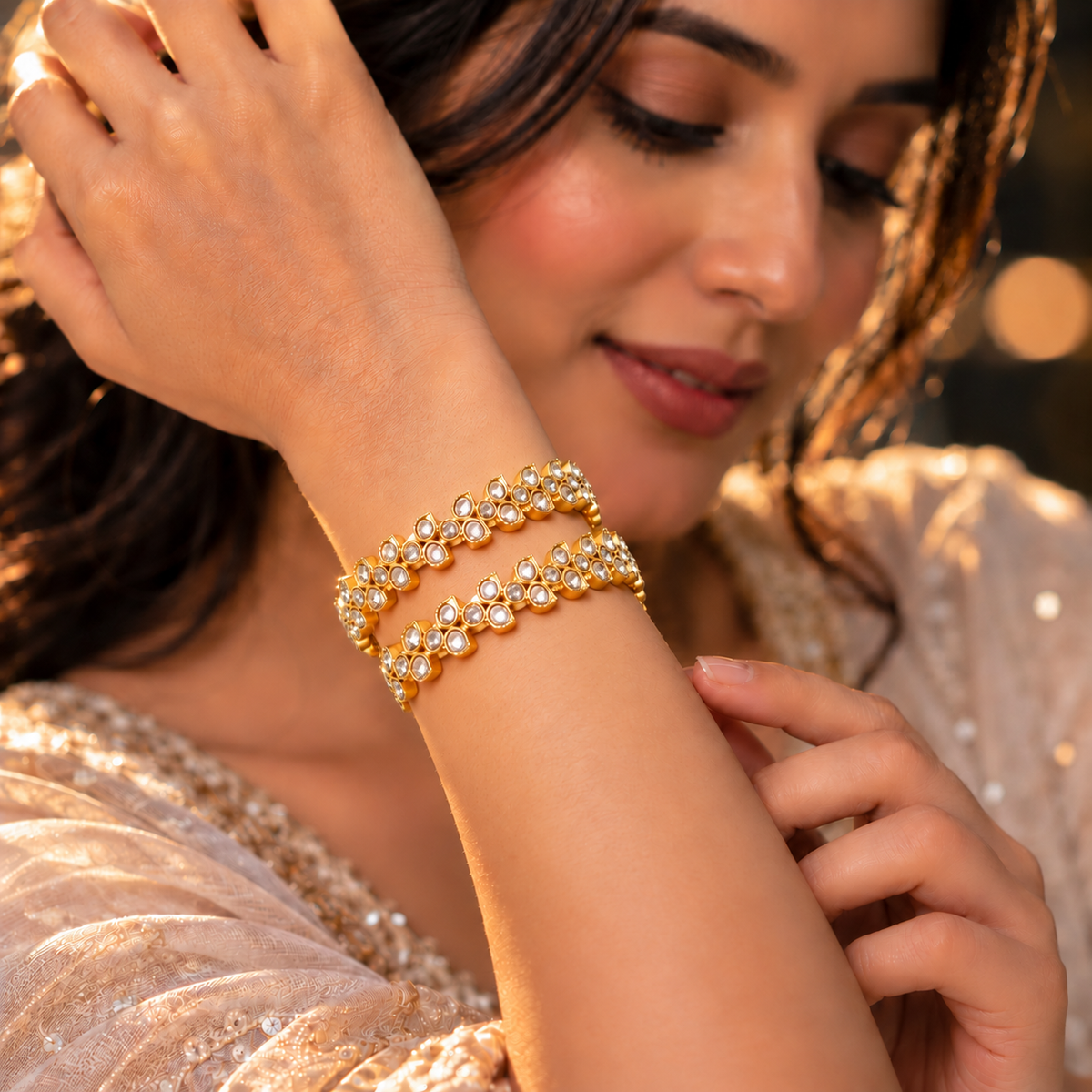 Gold Plated Designer Bangles Set With Crystal Stones - Set Of 4