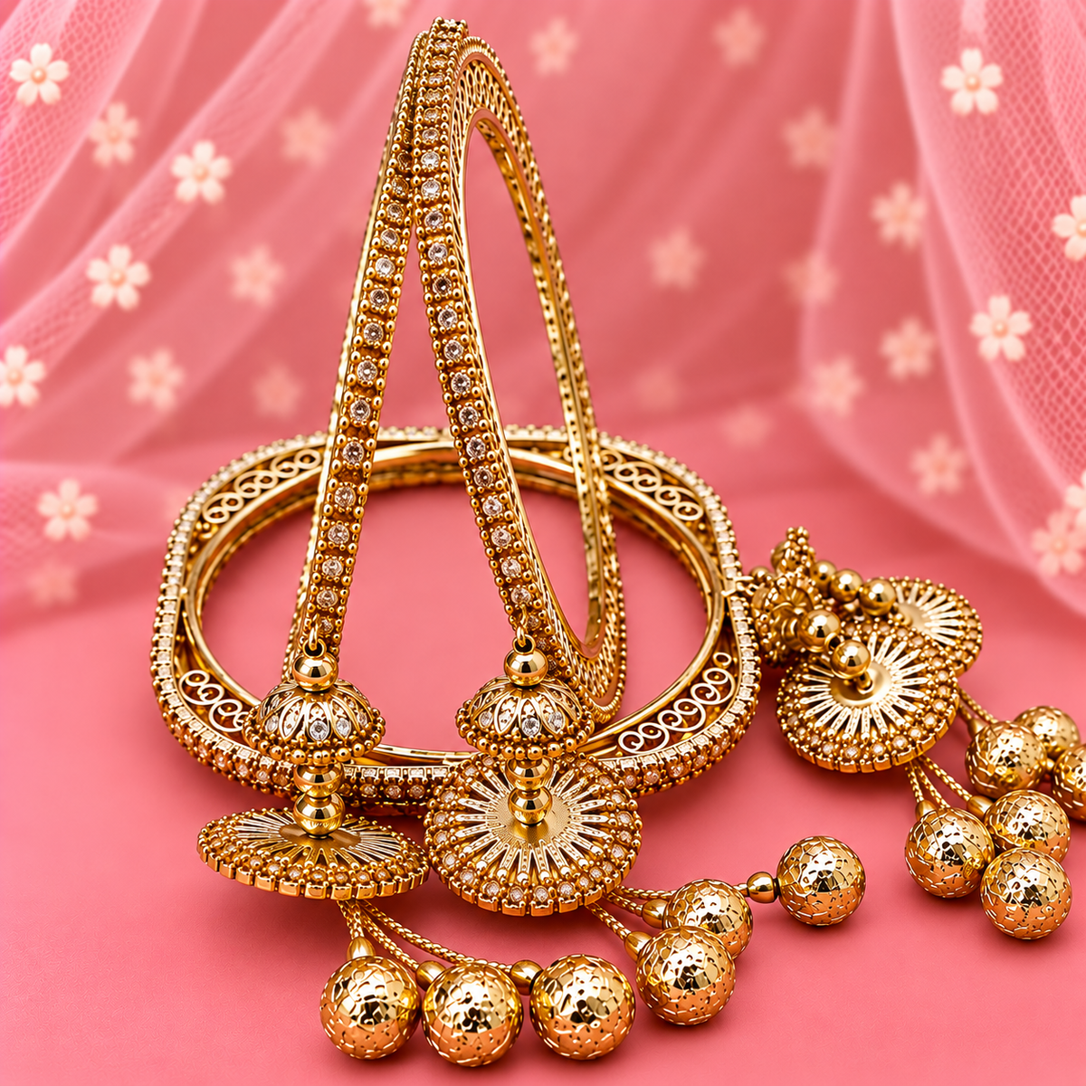 Designer Gold Plated Stone Studded with Latkan Charms Bangle Set - Set Of 4