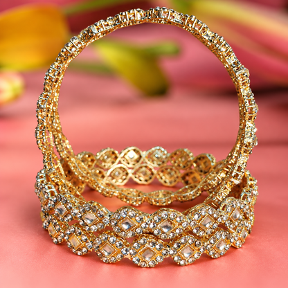Royal Gold Designer Bangle Set With Stylish Pattern & Crystal Stones - Set Of 4