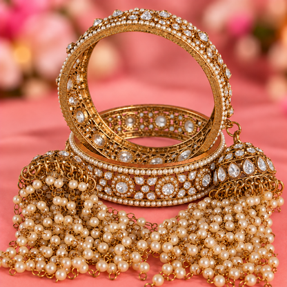Premium Goldsilver Pearl-Studded Kundan Kada Bangles with Latkan - Set Of 2