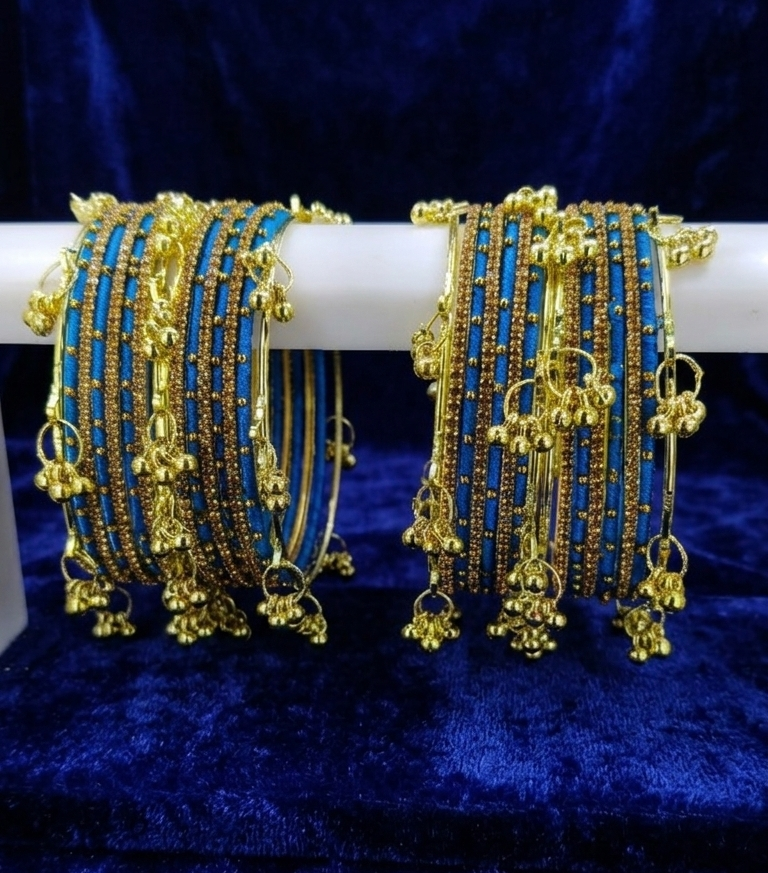 Traditional SkyBlue Silk Thread| Kashmiri Goti Metal Kangan for-Set of 32