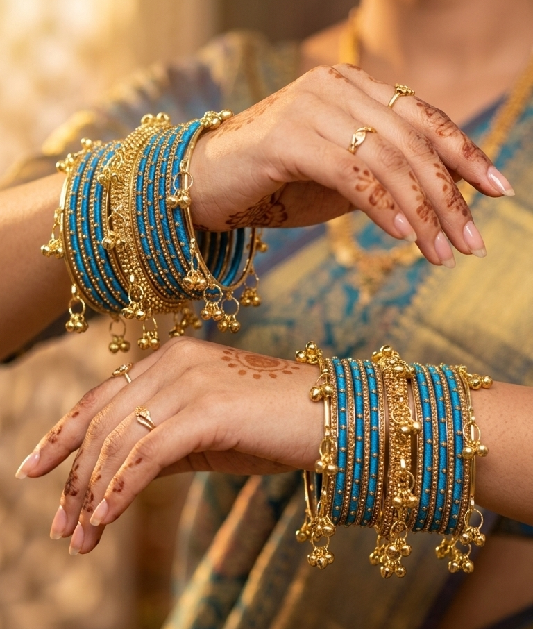 Traditional SkyBlue Silk Thread| Kashmiri Goti Metal Kangan for-Set of 32