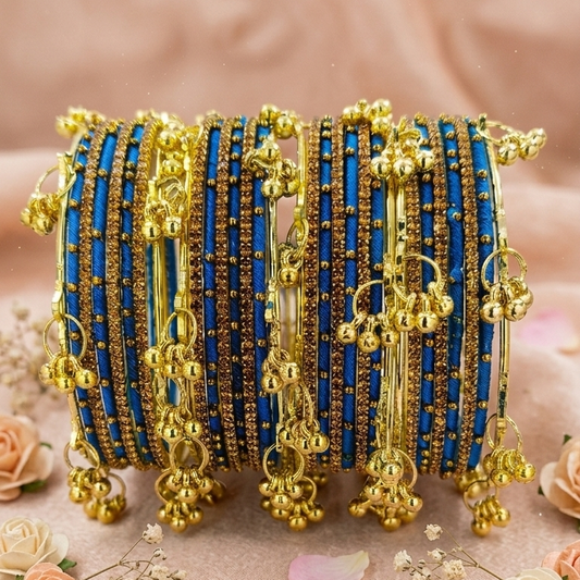 Traditional SkyBlue Silk Thread Bangles Set of 32 | Kashmiri Goti Metal Kangan for-Set of 32