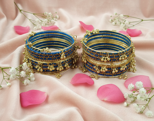 Traditional SkyBlue Silk Thread Bangles Set of 32 | Kashmiri Goti Metal Kangan for-Set of 32