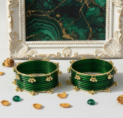 Trendy Ghungroo Glass Bangles Set Green Kashmiri Style Bangles | Pack of 20 with Golden Metal Charm