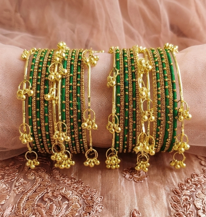 Traditional Green Silk Thread Kashmiri Goti Metal Kangan for-Set of 32