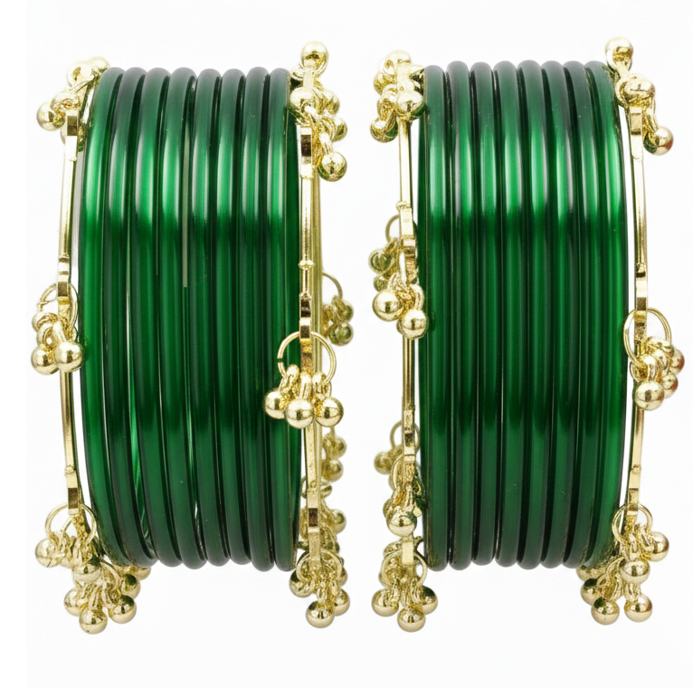 Trendy Ghungroo Glass Bangles Set Green Kashmiri Style Bangles | Pack of 20 with Golden Metal Charm