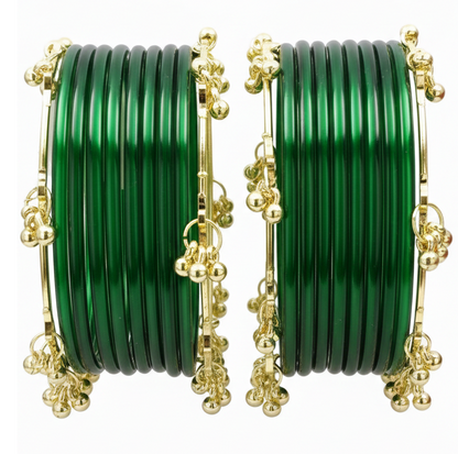 Trendy Ghungroo Glass Bangles Set Green Kashmiri Style Bangles | Pack of 20 with Golden Metal Charm