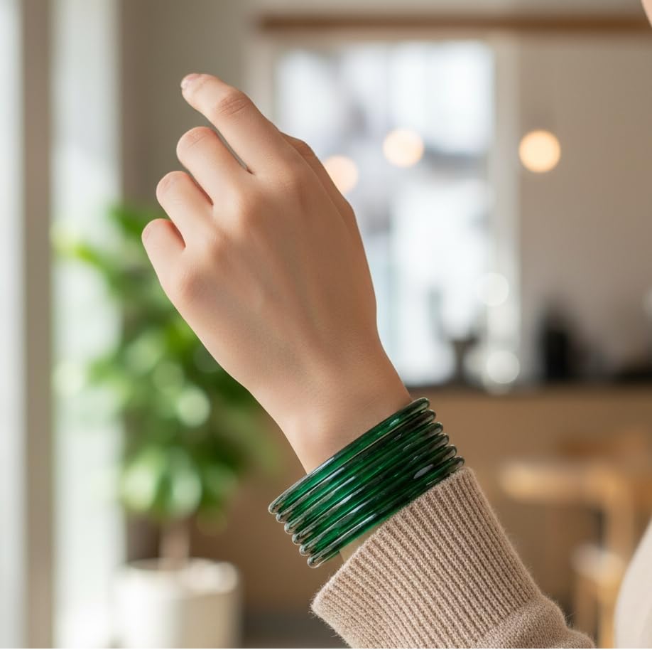 Jelly Bangle Glossy Glass Ruby  Green Bangles Set (Pack of 8) –Ethnic Jewellery