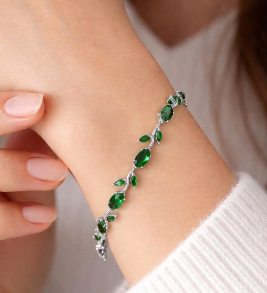 Trendy Tulip Green Crystal Bracelet | Floral Design Plated Bracelet
