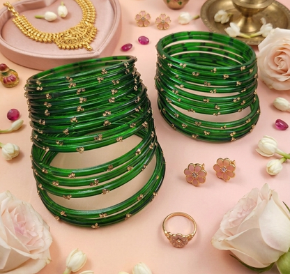Traditional Green Stone Gold Bangles  Glossy Finish with Golden Stone Work | Stylish &  Wear (Pack of 24)