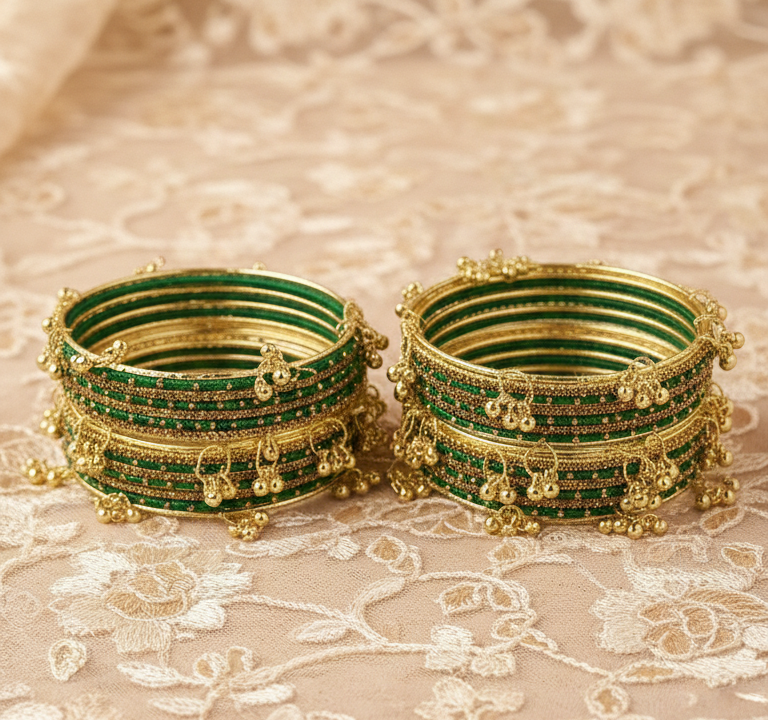 Traditional Green Silk Thread Kashmiri Goti Metal Kangan for-Set of 32